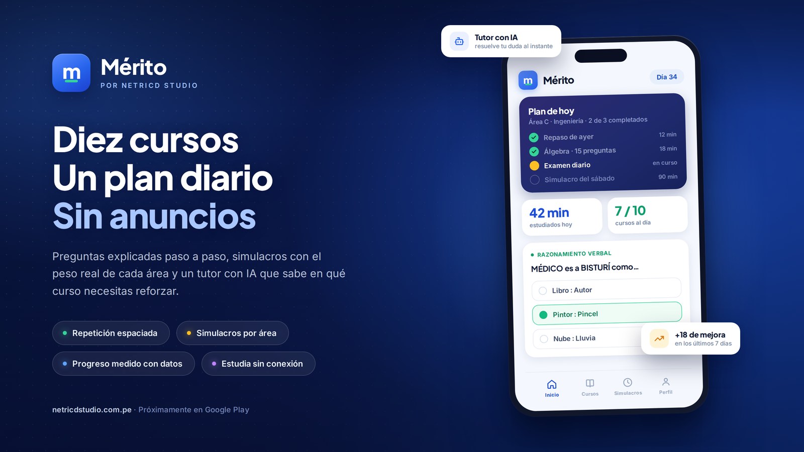 The Mérito app showing a daily study plan and weighted mock exams